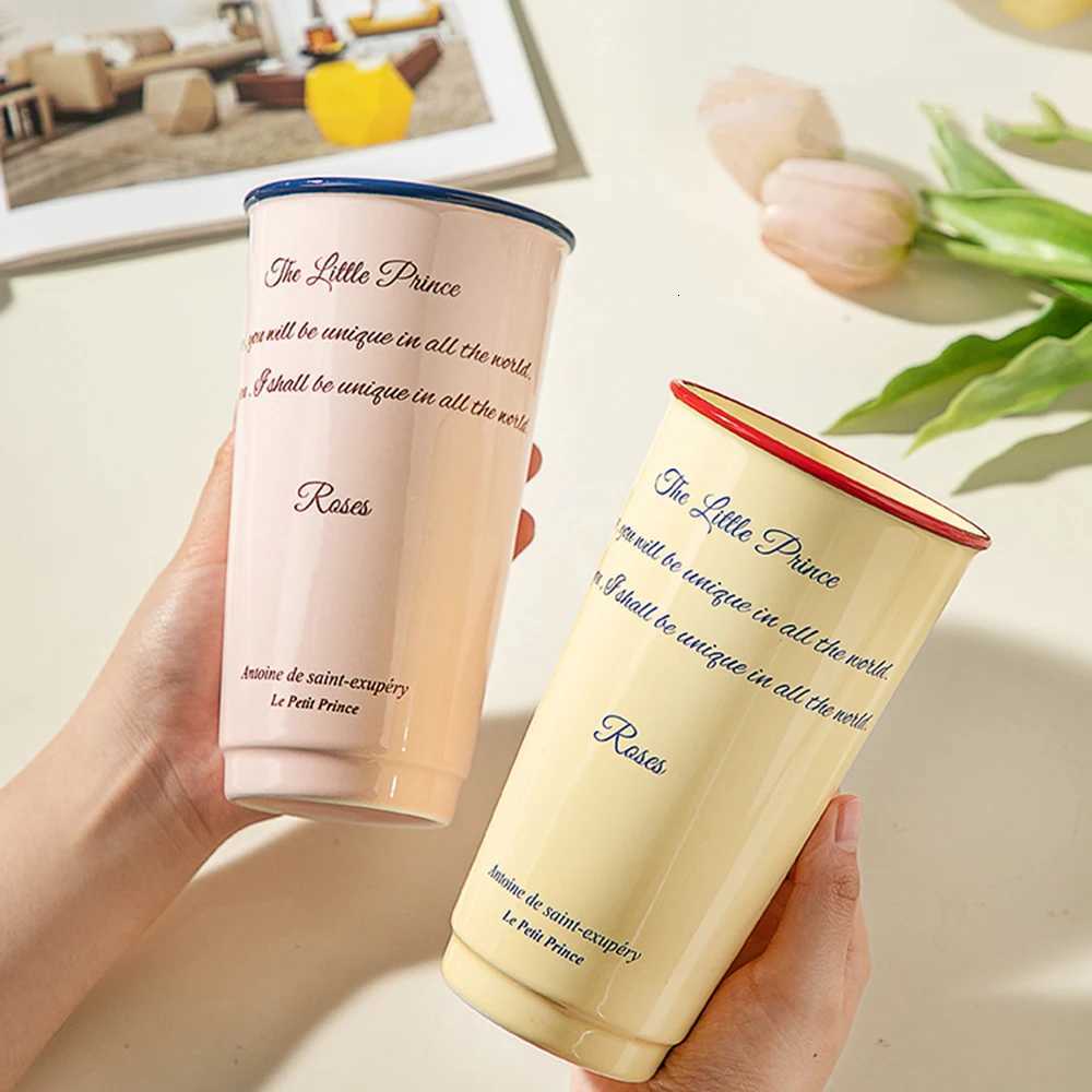 Texture Ceramic Handle Cup 580ml Letter Print Contrast Color High Coffee Mug Household Afternoon Tea Pigmented Drinkware Y251125