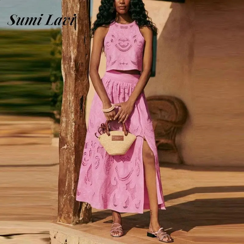 Womens sexy hollow long leather 2pc set elegant sleeveless embroidery set 250422