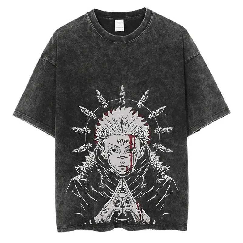 Anime washing T-shirt Harajuku summer 100% pure cotton short sleeved oversized T-shirt retro streetwear T-shirt W250425