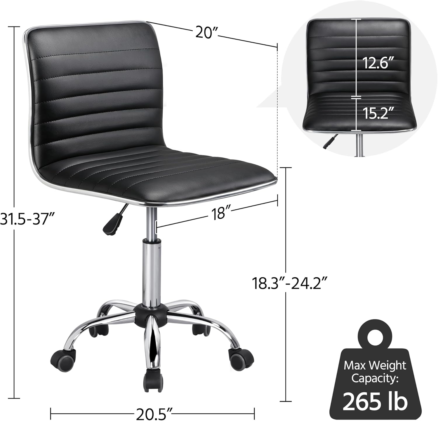 Adjustable Task Chair PU Leather Low Back Ribbed Armless Swivel Black Desk Chair Office Chair Wheels
