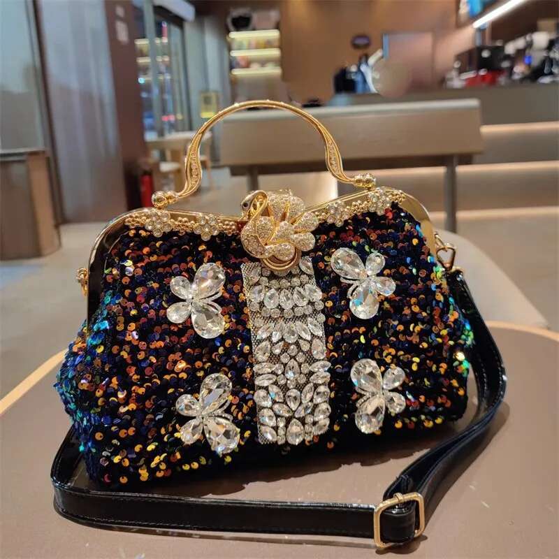 Spring new crystal sequin metal buckle handbag banquet dress daily large-capacity one-shoulder cross-body leather women's bag