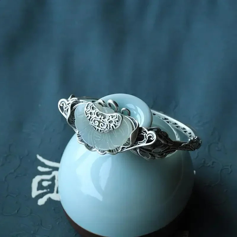 original and old handmade butterfly silver inlaid Ruyi Hetian jade open bracelet retro ladies jewelry 250424