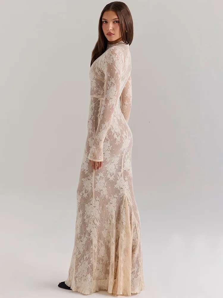 Dongdumaoyi Townlike Floral Lace Mermaid Midi Long Dress Women Autumn Winter Hollow Out Nightclub Sexy Party Dresses With Lining
