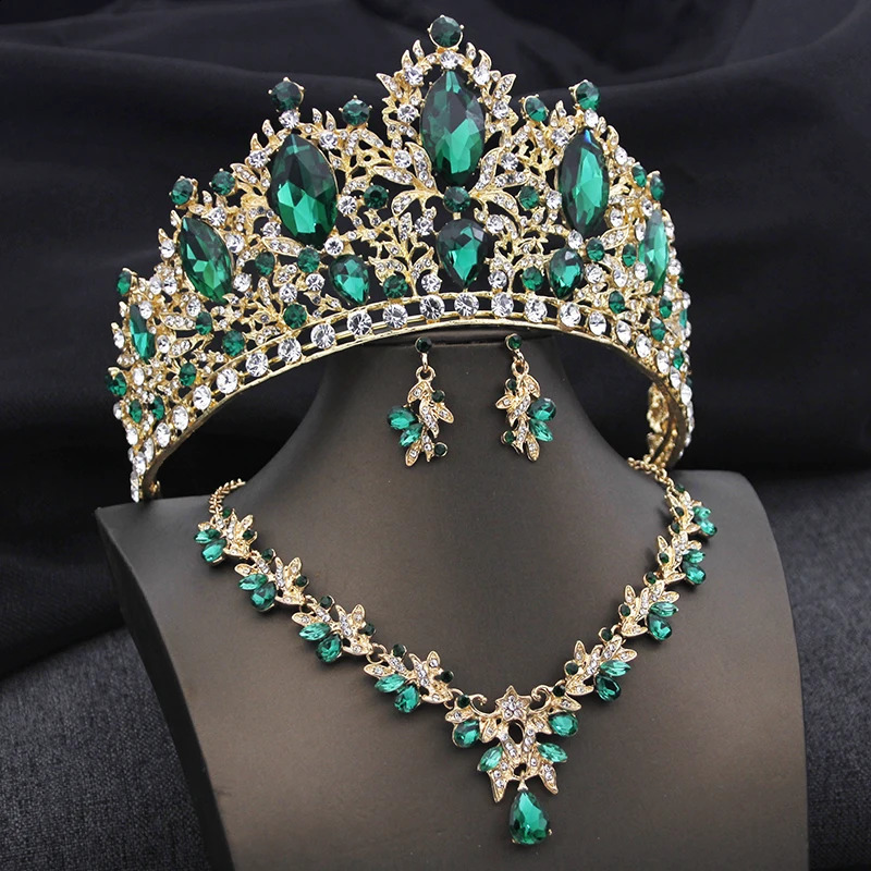Bridal Green Tiaras Set Crystal Crown Bridal Jewelry Sets for Women Prom Wedding Dress necklace earrings Costume Accessories 250417