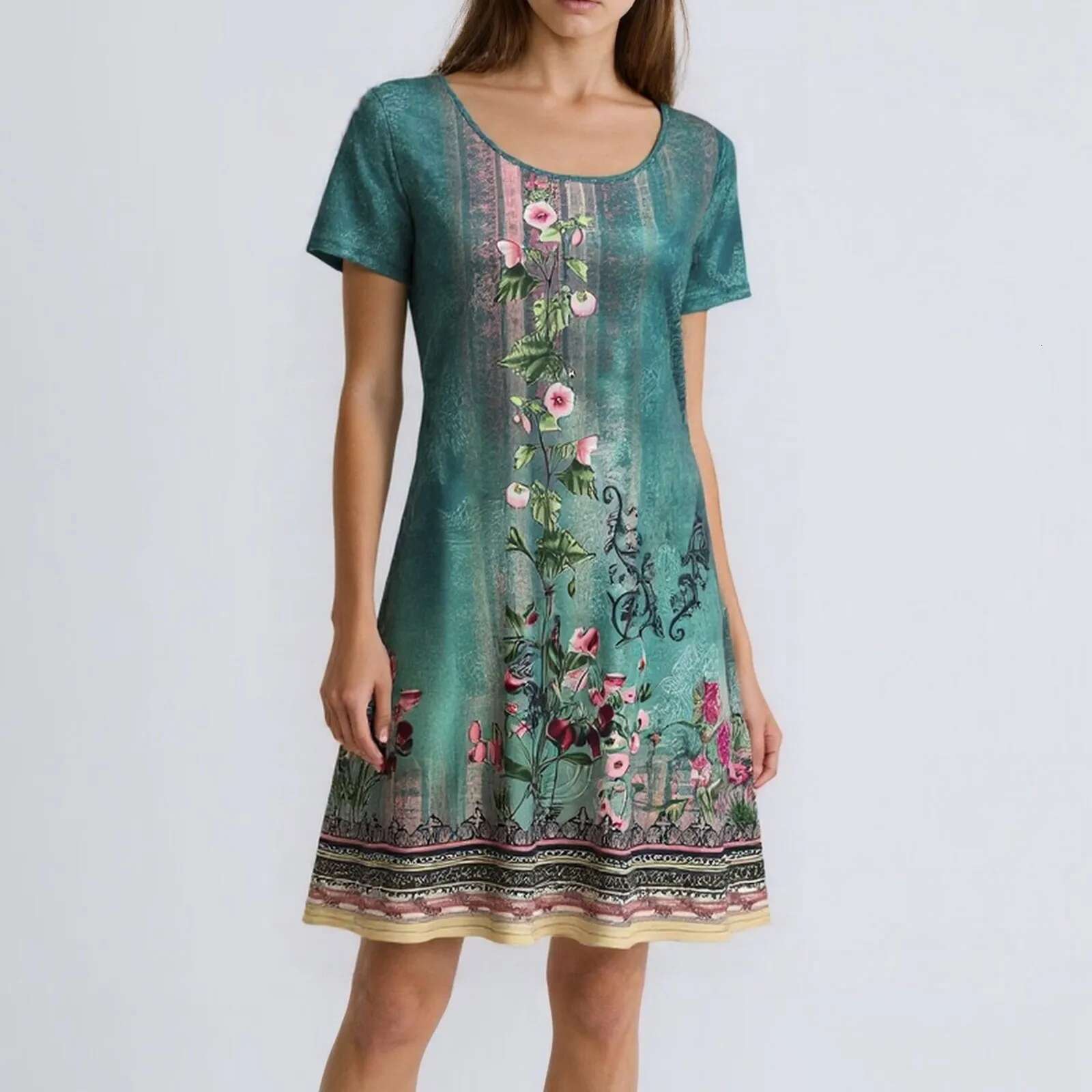 Dongdumaoyi Women S Short Sleeve Crew Neck Dress Bohemian Floral Summer Fitted Dresses For Knee Length Beach