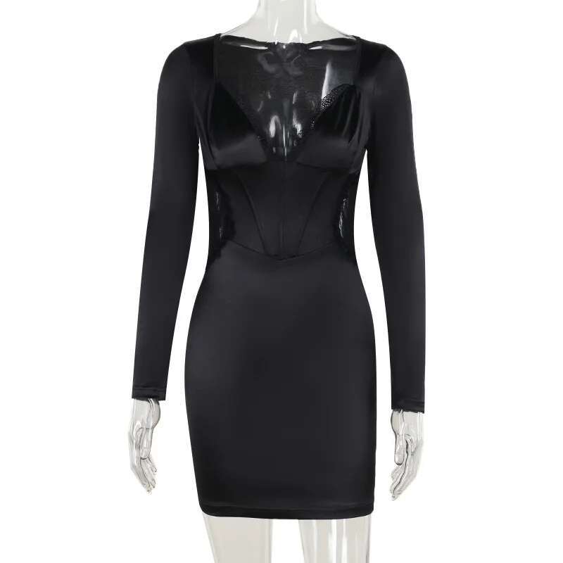 Dongdumaoyi Townlike Lace Patchwork Slim Bodycon Dress Women Mini Autumn Winter Hollow Out V Neck Nightclub Sexy Party Dresses