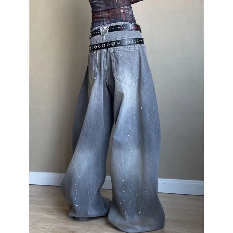 Grey womens jeans high waisted retro straight pocket streetwear American fashion casual wide leg 250417