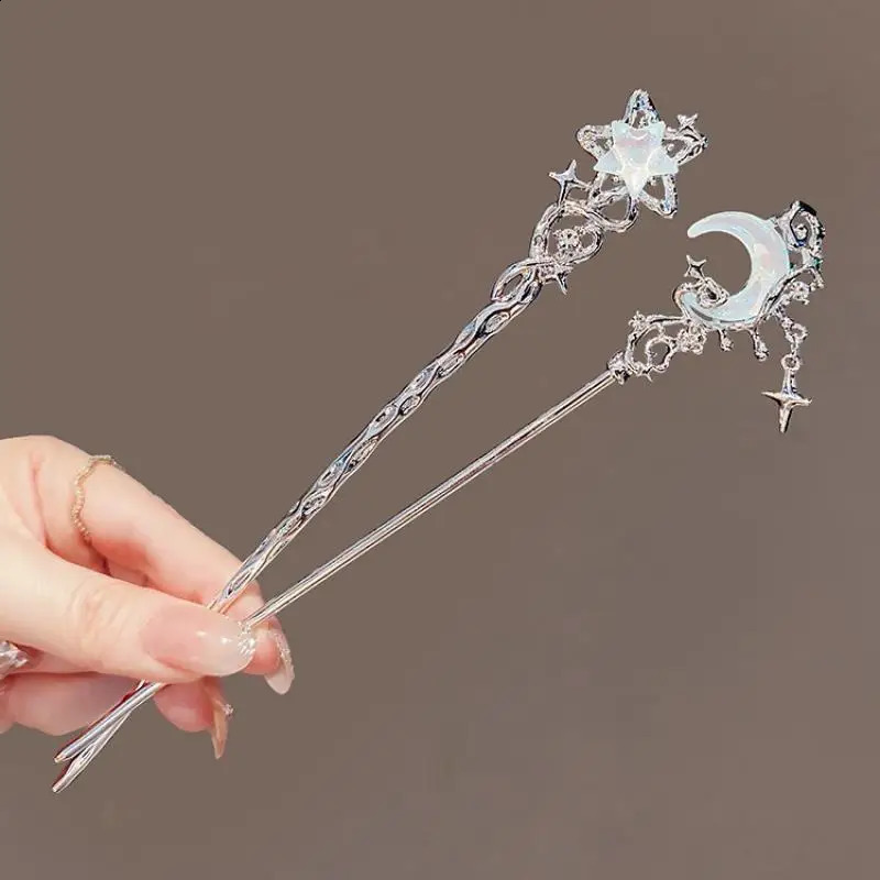 Romantic Moon Stone Star Hair Stick Metal Branch Clip Chinese Style Girl Jewelry 250417