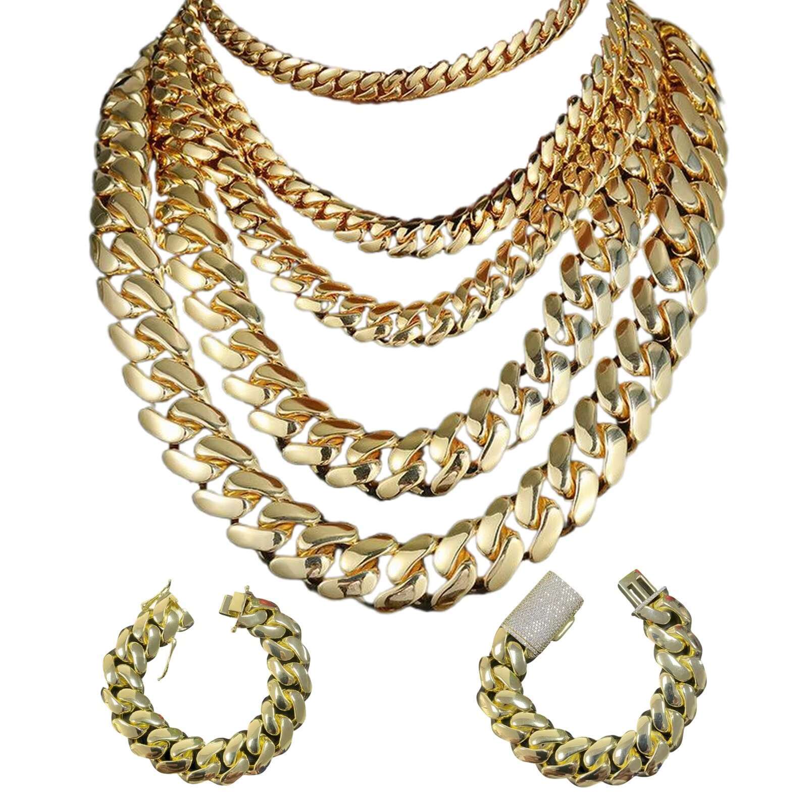 14K 18k Gold Plated Brass Cuban Link Chain 10mm-25mm Heavy Choker Solid Miami Cuban Chains Bracelet Necklace for Men