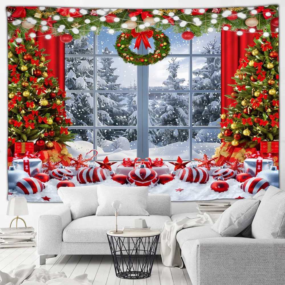 Christmas Tapestry Xmas Tree Gifts Outside Window Winter Forest Cedar Snowflake Landscape Home Living Room Decor Wall HangingM251125