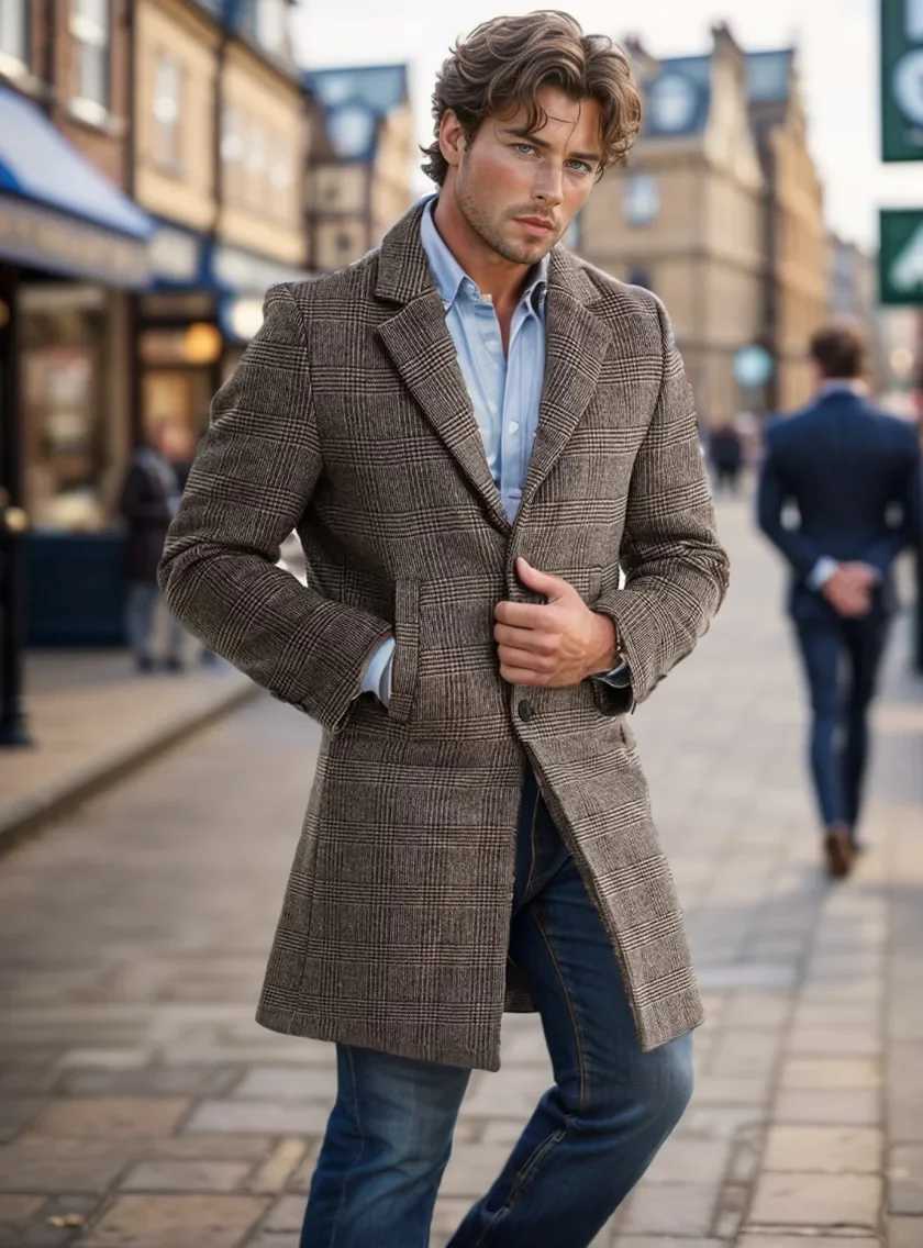 Autumn Winter Men Classical Plaid Cashmere Tweed Woolen Coat Gray Camel Plaid Pattern Cotton Blended Overcoat Male OutfitsT251125