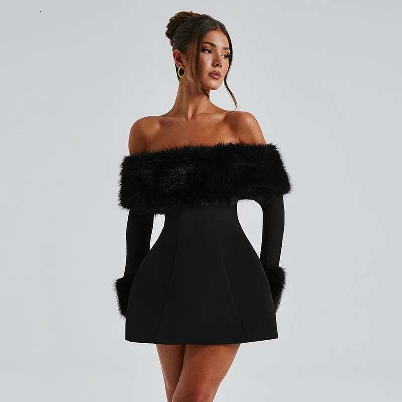 Dongdumaoyi Townlike Waist Wrap A Line Dress Women Off Shoulder Mini Autumn Winter Backless Fur Collar Sexy Party Dresses