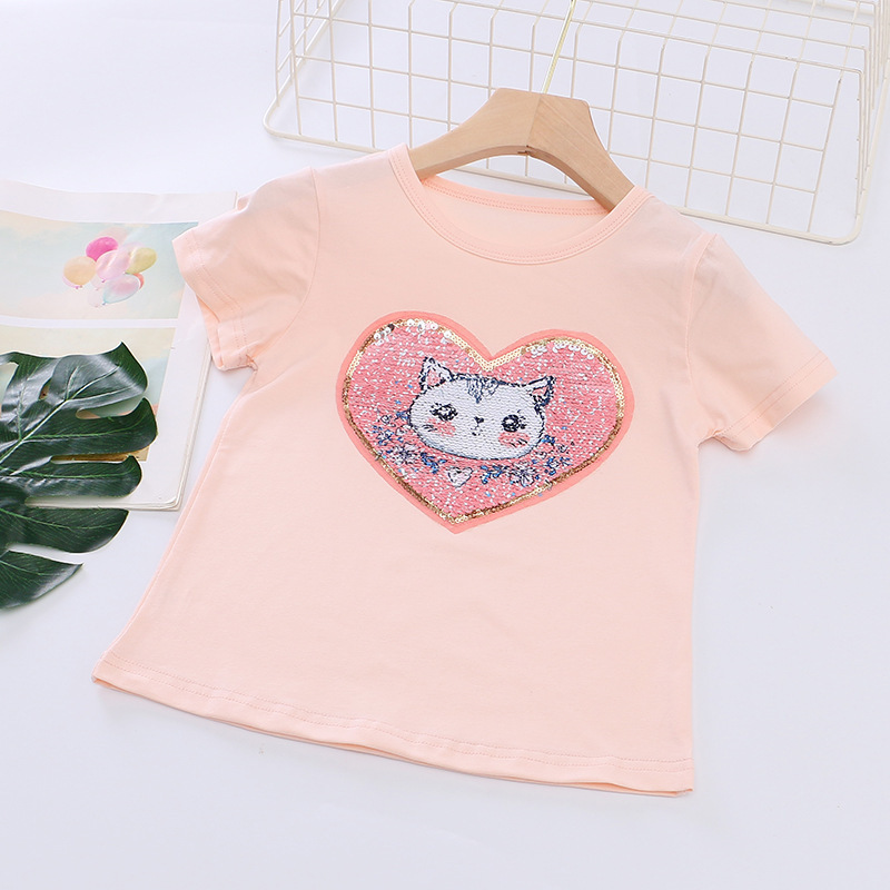 DISNEY kids designer clothes Girls' design-sense short-sleeved top summer face-changing clothes pure cotton half-sleeve top Holiday outfit.