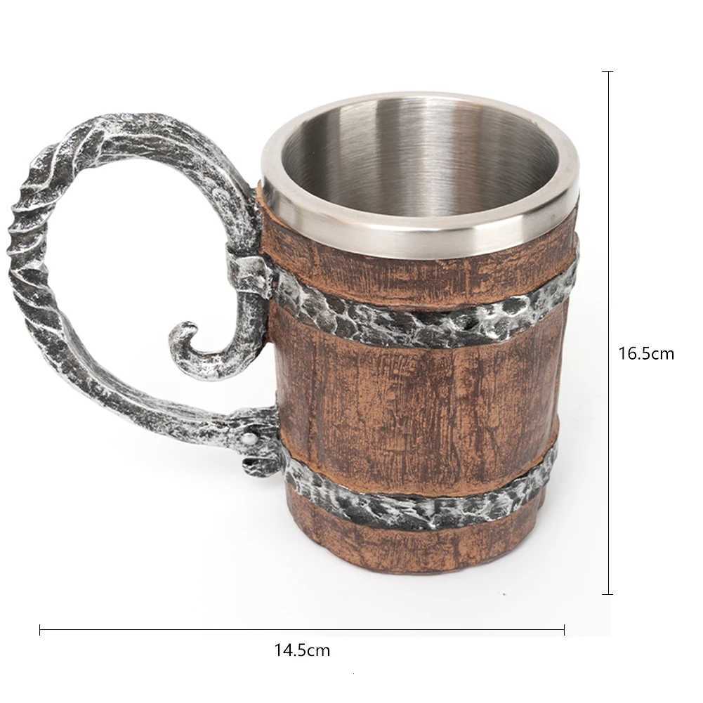 Viking Wood Style Beer Mug Simulation Wooden Barrel Beer Cup Double Wall Stainless Steel Insulated Drinking Coffee Mug Tea Cups Y251125