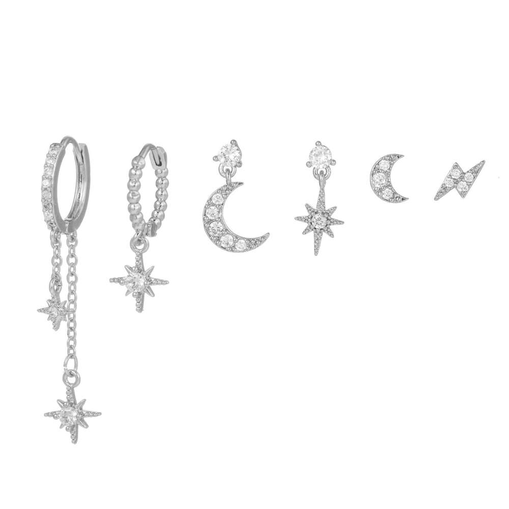 Moon Chain tassel Hexagram Star Personalized Fashion Zircon Earnail Set Women's Eardrops Earrings