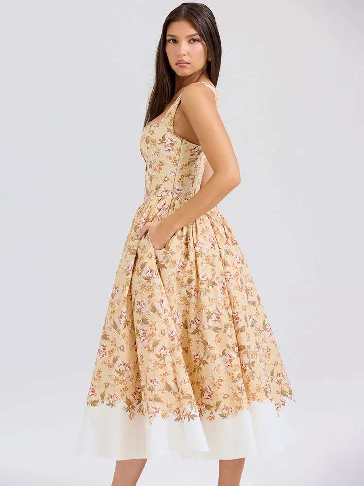 Dongdumaoyi Townlike Print Waist Wrap A Line Midi Long Dress Women Spaghetti Strap Spring Summer Nightclub Sexy Party Dresses
