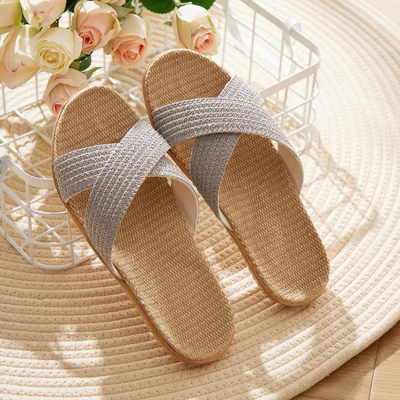 Fashion Cross Straps Slippers Women Summer Linen Flat Sandals Eva Lightweight Comfortable Ladies Flat Flip-flop Slippers Slide 250421