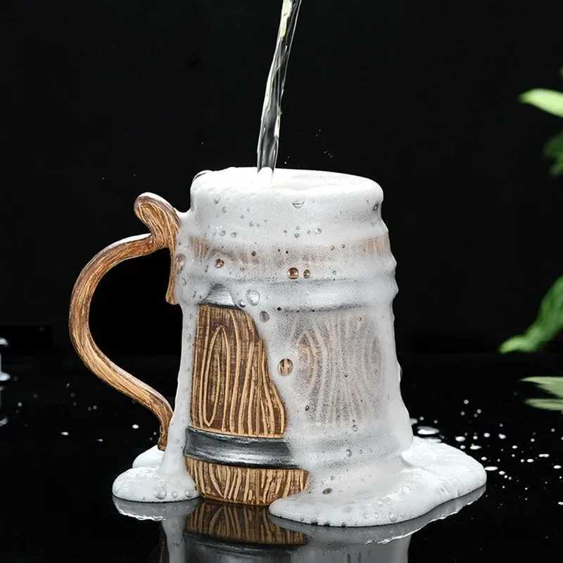 Wooden Beer Mug 600ml Germany Wood Grain 304 Stainless Steel Medieval Tavern Imitation Barrel Tankard Coffee Cup Men Gift Retro Y251125