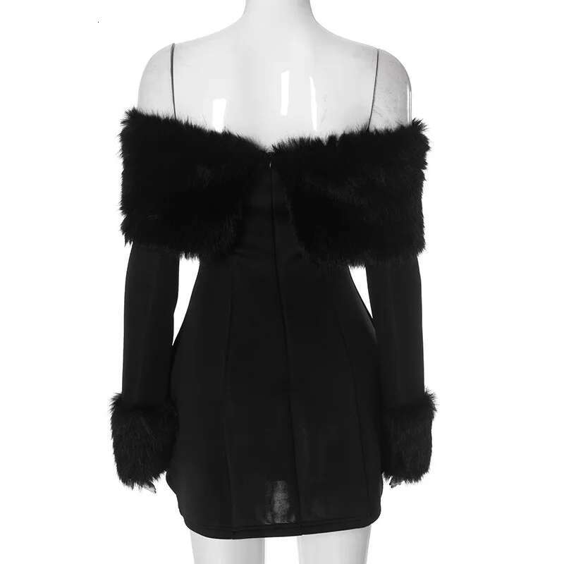 Dongdumaoyi Townlike Waist Wrap A Line Dress Women Off Shoulder Mini Autumn Winter Backless Fur Collar Sexy Party Dresses