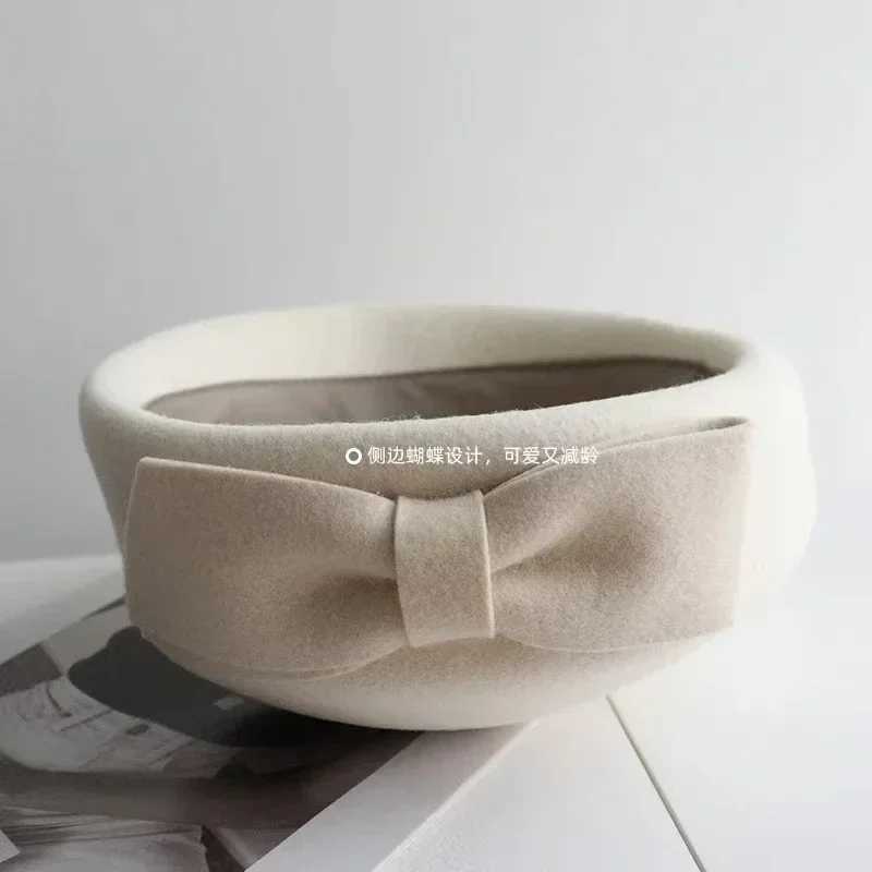 Womens Wool Beret Hat with Bow Winter Fascinator for Weddings Church J251125