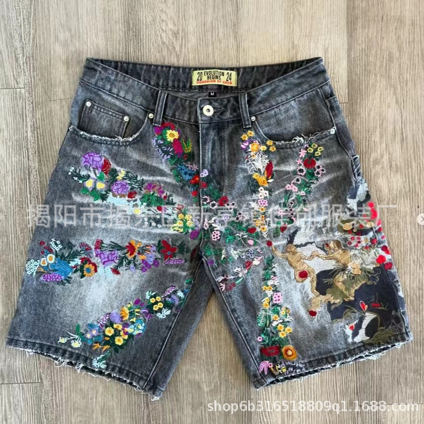 Gothic Punk Skull Letter Pattern Patchwork Shorts Men Y2k Streetwear Pants Hip Hop Fashion Denim Shorts Summer 250328