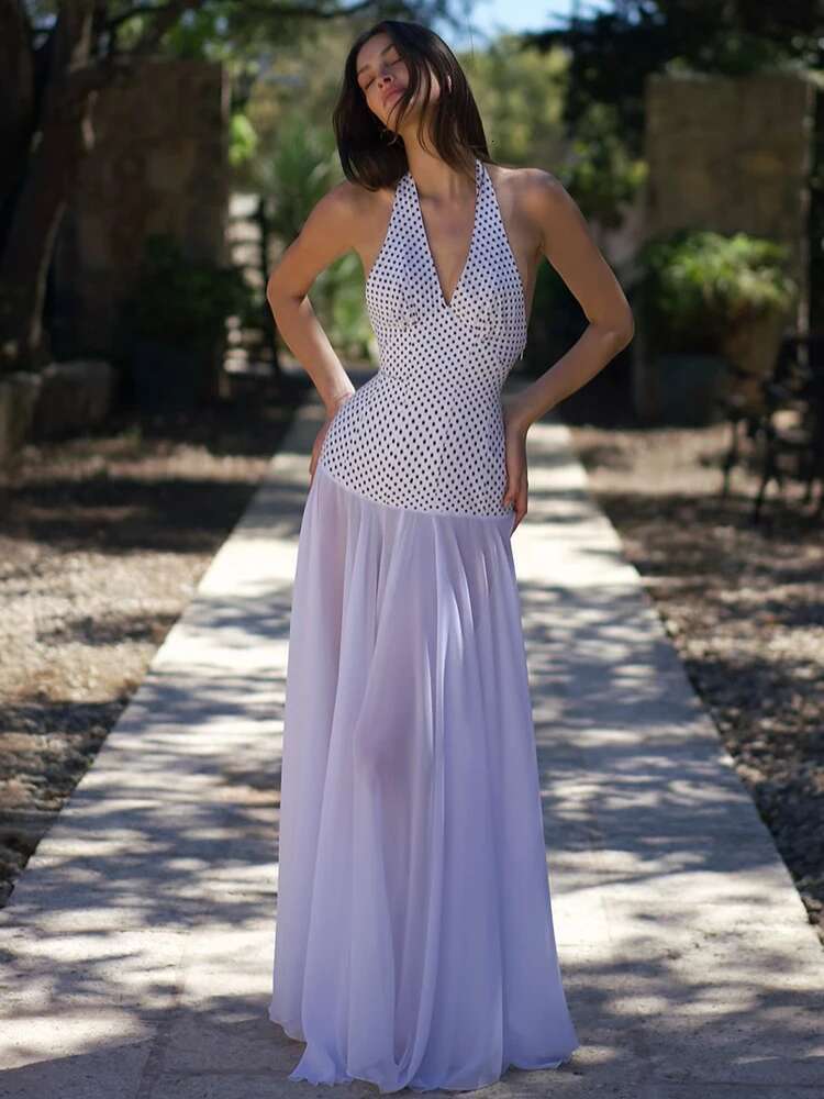 Dongdumaoyi Townlike Polka Dot Patchwork A Line Dress Women Halter Maxi Long Summer Backless Nightclub Sexy Party Dresses