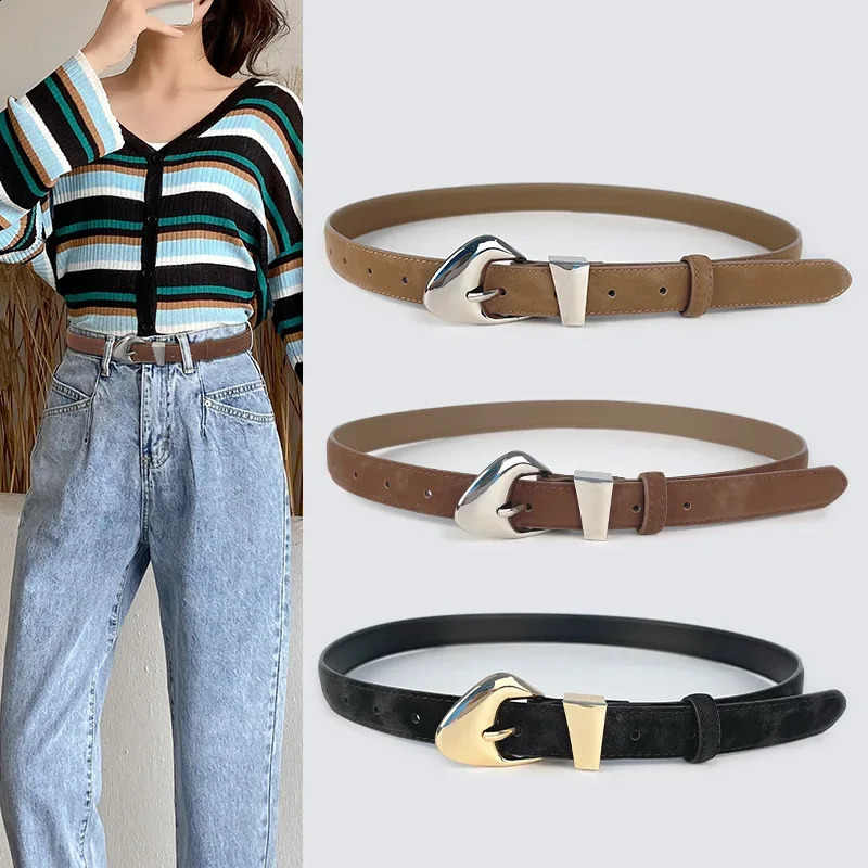 Nubuck leather womens jeans belt irregular gold and silver buckle high-quality genuine leather belt Ceinture womens 250423