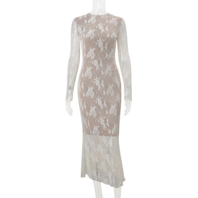 Dongdumaoyi Townlike Floral Lace Mermaid Midi Long Dress Women Autumn Winter Hollow Out Nightclub Sexy Party Dresses With Lining