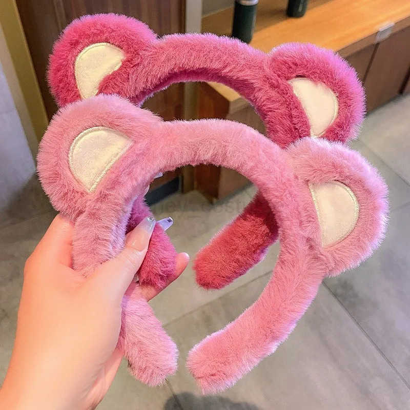 Disney Disniloso Ears Plush Hair Accessories Strawberry Bear Head Strap Cute Cartoon Compression Hair Anti Slip Head Strap Girl Hair Strap X250425