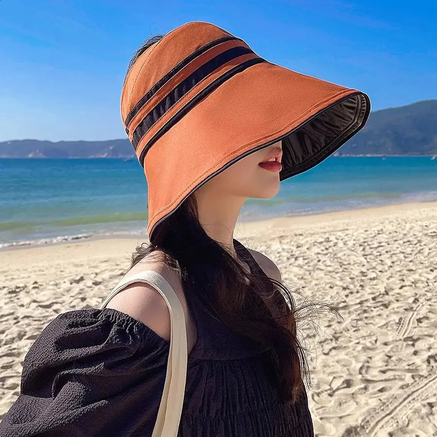 UPF50 High Sun Protection Vinyl Large Brim Striped Hollow Hat Ladies Outdoor UV Folding Sun Hat Beach Vacation 250424