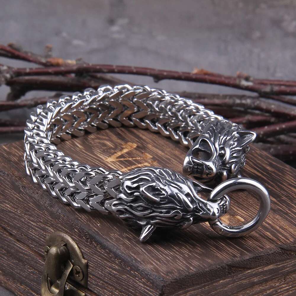 Never Fade Rock Viking Charm Bracelet Men's Stainless Steel Mesh Chain Gold Wolf Punk Jewelry without box