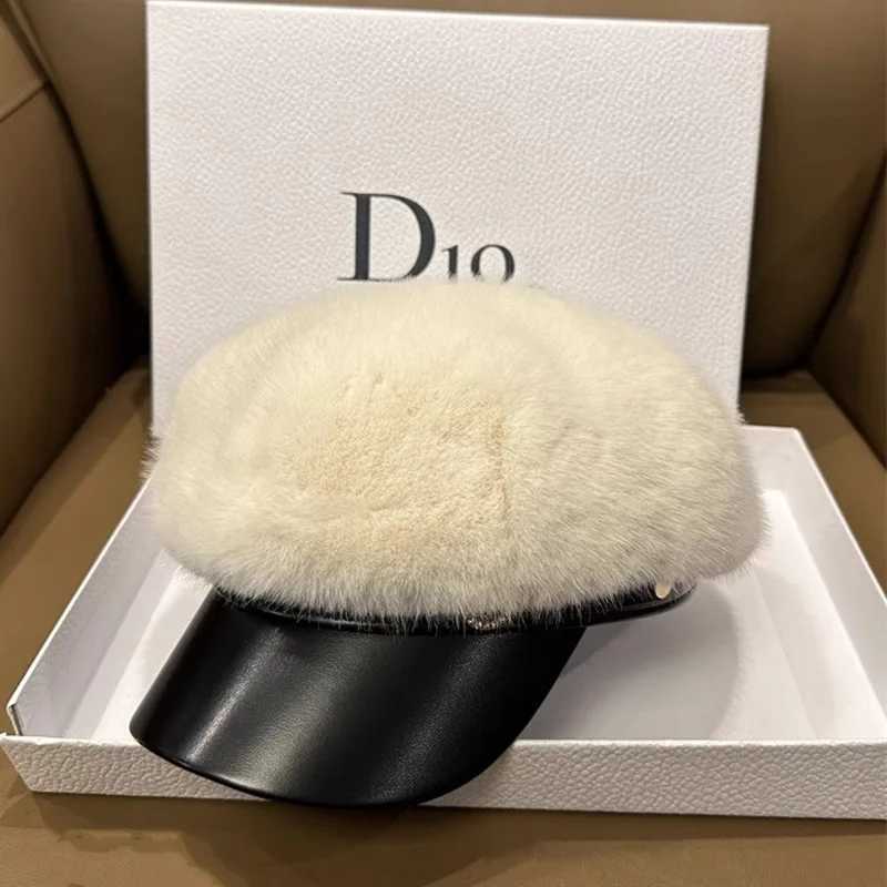 Vintage Mink Fur Beret Women Luxury Versatile Artist Hat Girls Lady Winter Warm Big Head Octagonal Cap Hard Brim Ski Caps J251125