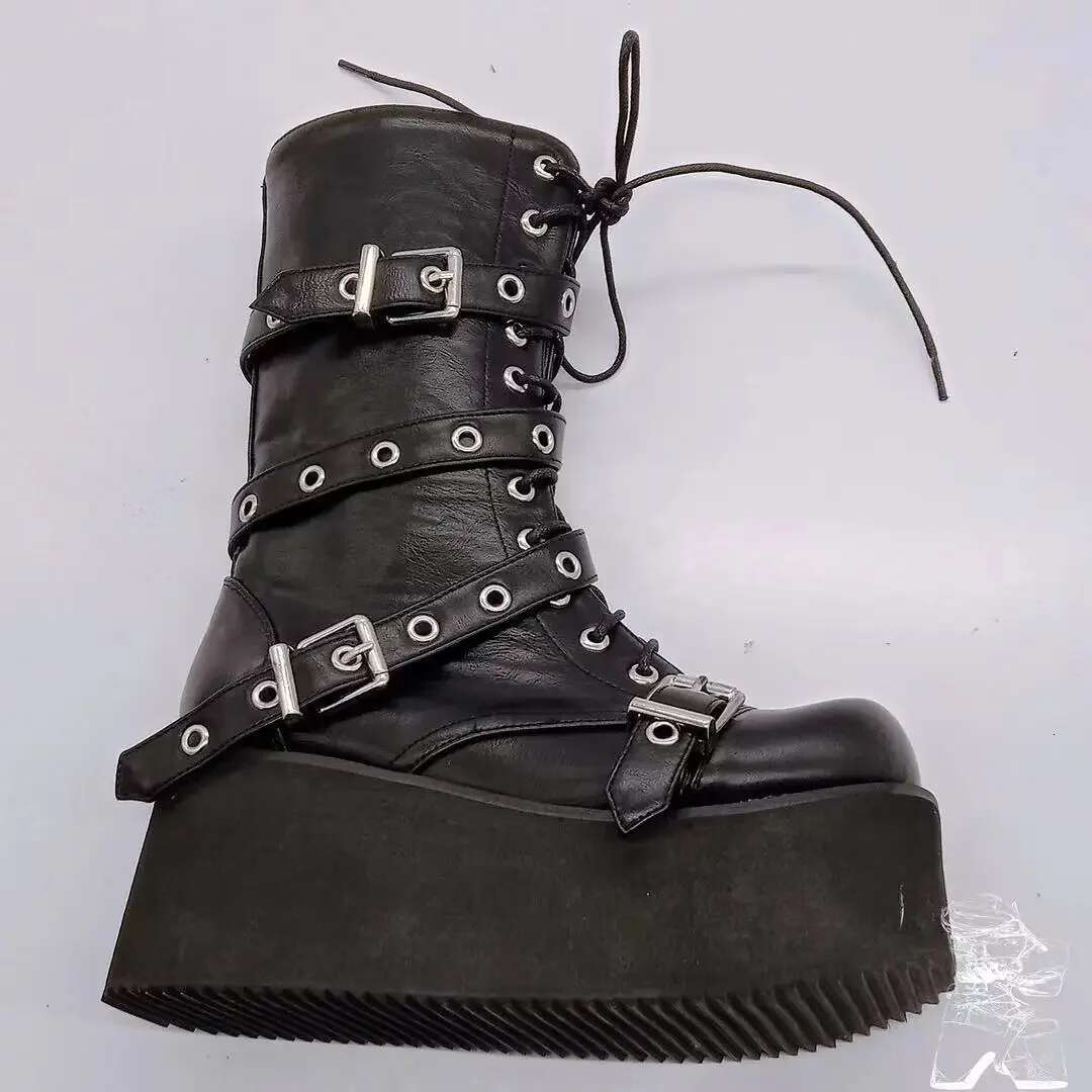 Plus Size 43 Autumn Buckle Round Toe Wedges Platform Punk Goth INS Street Shoes Combat Boots For Women