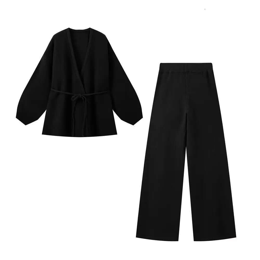 2024 Autumn New Women's Clothing Fashionable European American Style Knitted Lace Up Cardigan Top And Pants Set
