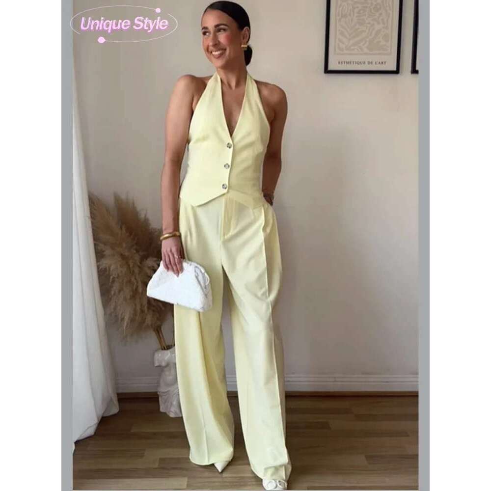 Women Chic Butter Yellow Straight Pants Suit Sexy Off Shoulder Backless Halter Top 2025 New Summer Lady 2 Pieces Set Outfits
