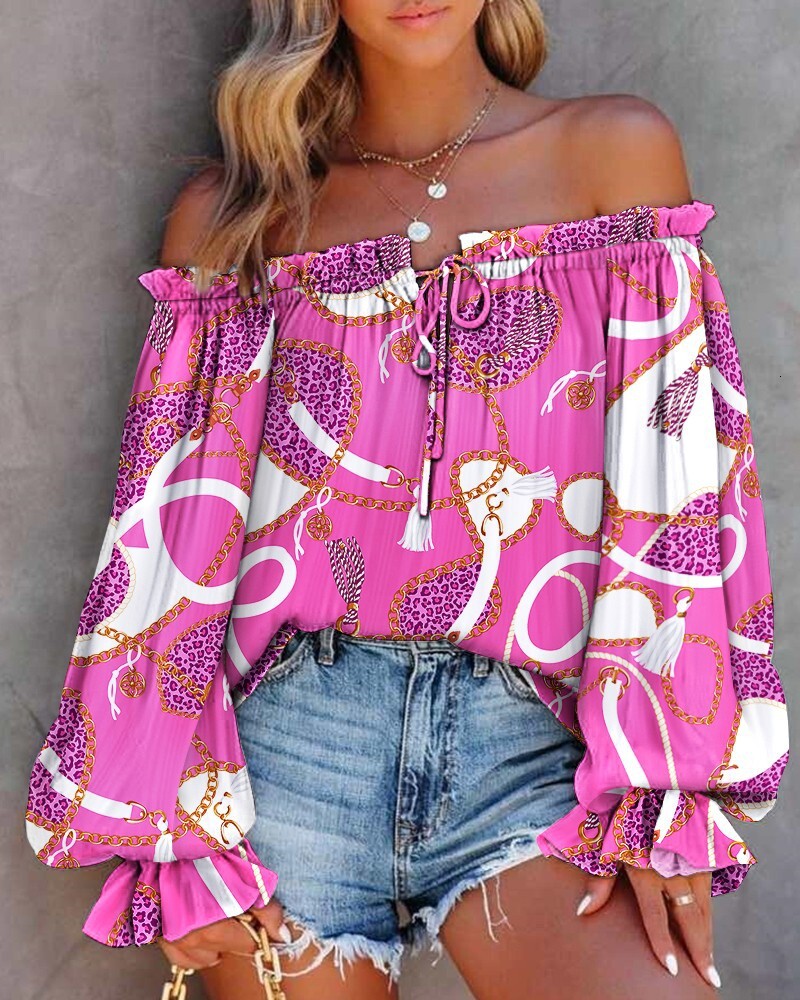 2023 New Spring One Word Collar Horn Sleeve Long Sleeve Lace up Shirt for Women
