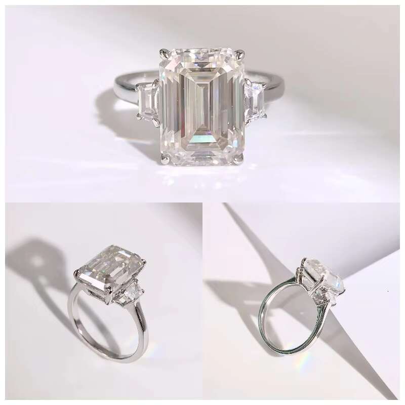 10CT Moissanite Gemstone 925 Sterling Silver Ring Elegant Classic Wedding Emerald Moissanite Gemstone Ring