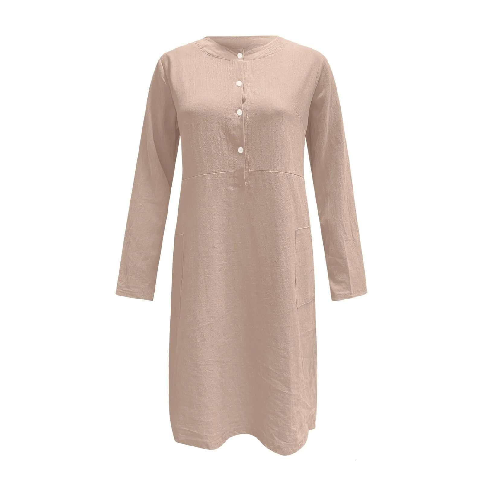 Dongdumaoyi Lady Cotton Linen Dress Retro Women Button Single Breasted Knee Length Solid Color Causal Beach Sundress Vestidos