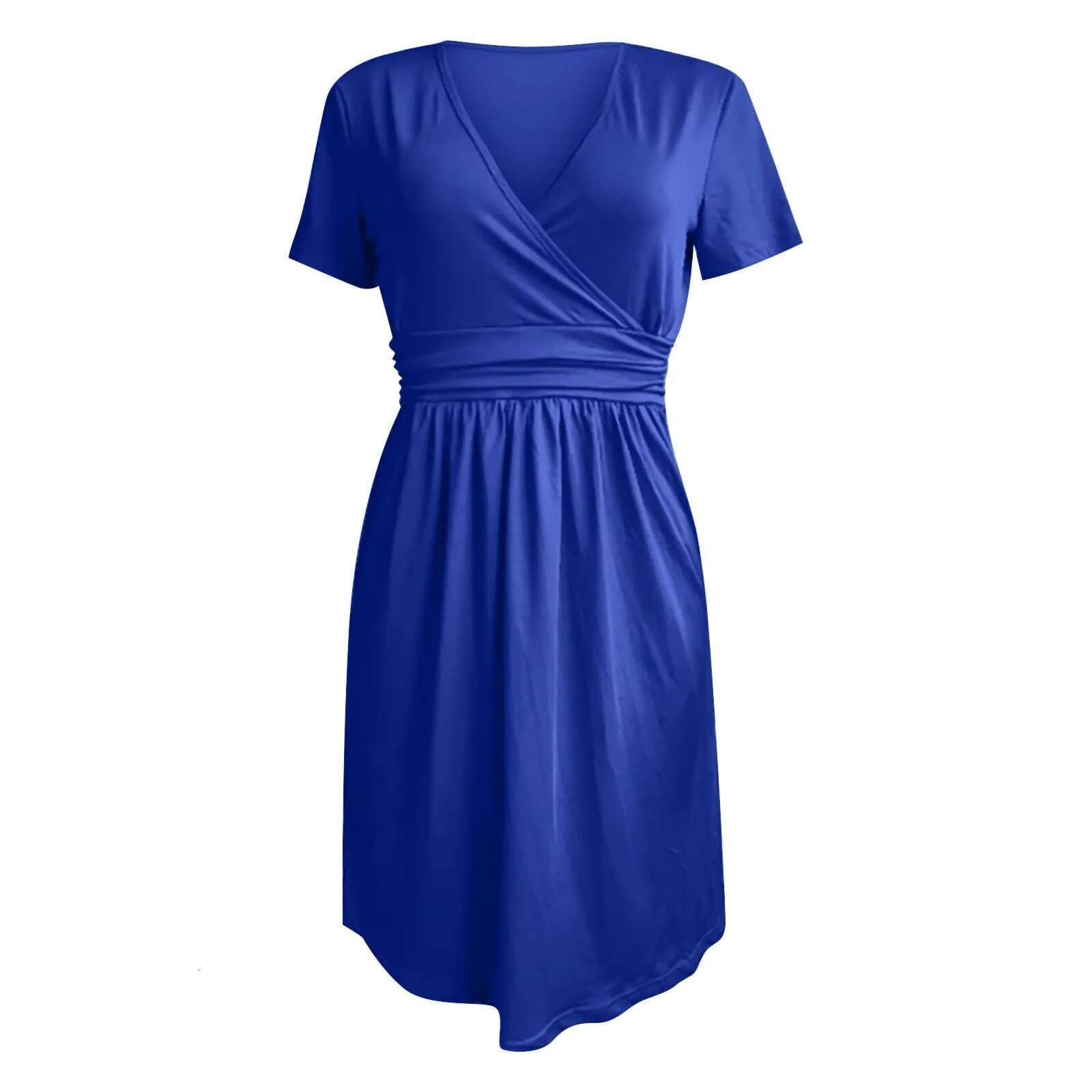 Dongdumaoyi Womens Summer Party Dress Solid V Neck Short Sleeve Casual Dresses For Woman Elegant Loose Swing Pleated Belt Vestidos