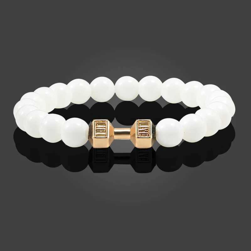 Natural Volcanic Stone Bracelet Men Matte Black Lave White Beads Charm Dumbbell Strand Bracelets Women Barbell Fitness Jewelry J251125