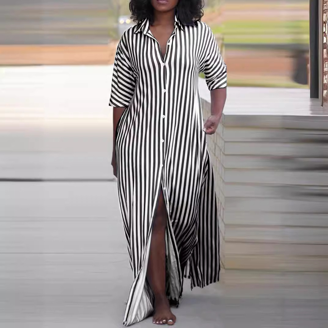 2024 Summer Fashion Loose V-neck Long Striped Shirt Dress for Women