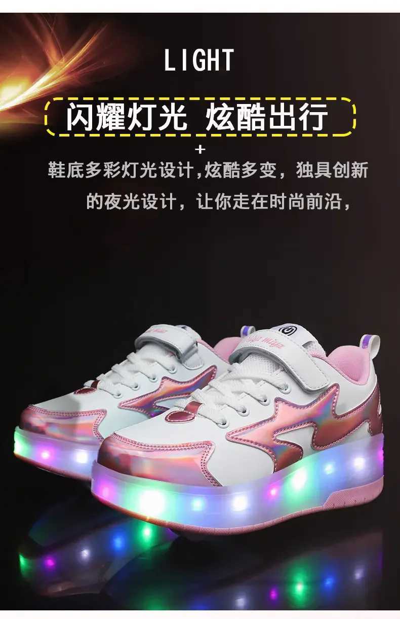 Childrens USB charging roller shoes with glowing sports shoelaces and wheels childrens roller skateboarding shoes W250425