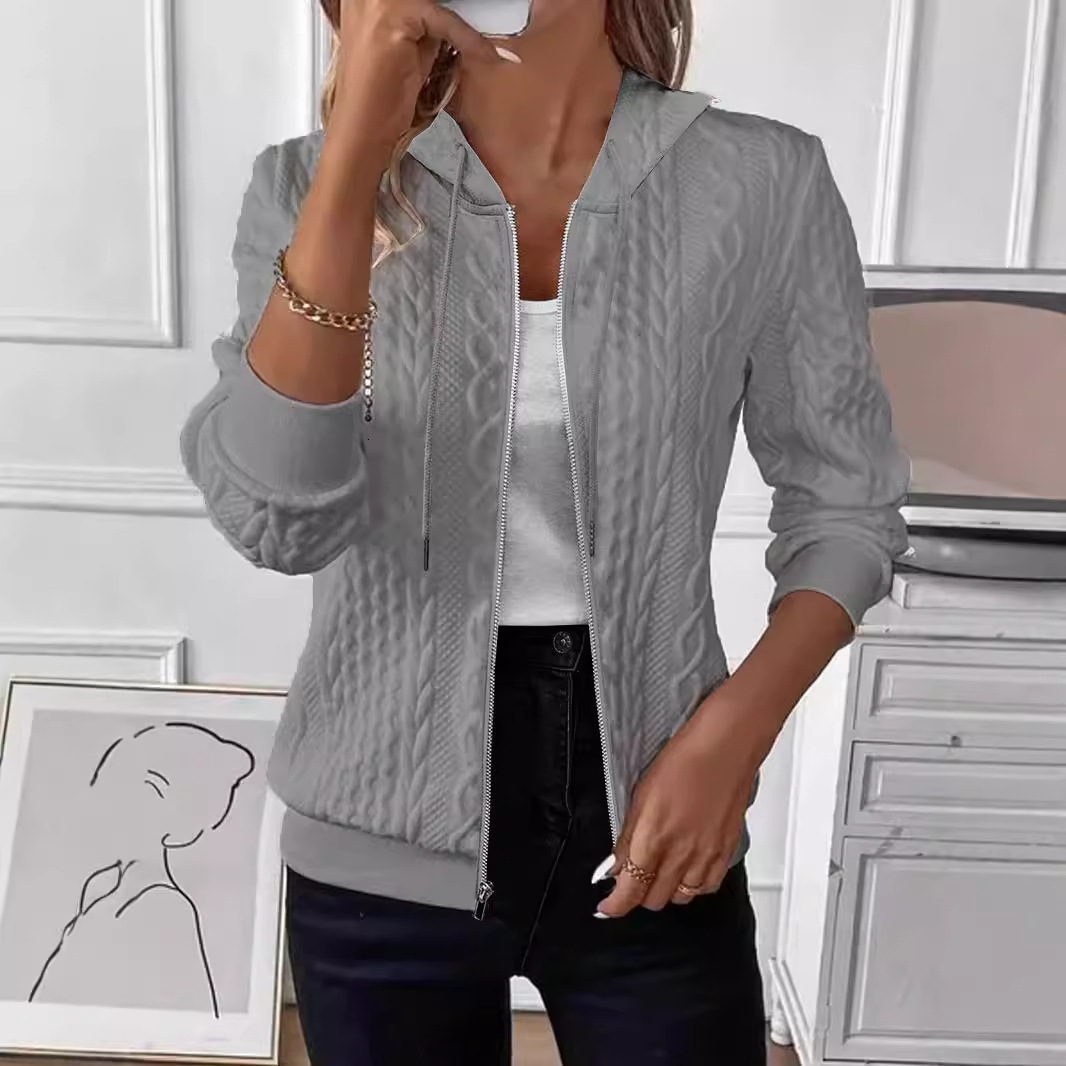 2024 autumn and winter solid color long sleeved knitted zipper hooded sweatshirt jacket for women