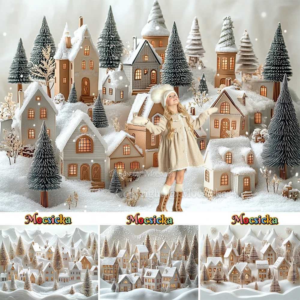 Mocsicka White Christmas Town Background Photography Snowy Houses Xmas Tree Frozen Backdrop Kids Winter Cake Smash Photo StudioM251125