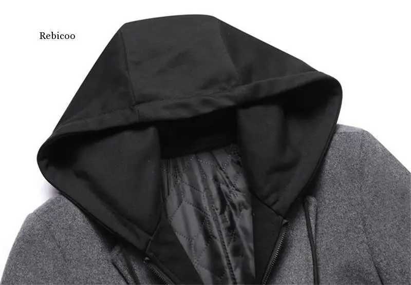 Autumn Winter Mens Hooded Wool Jacket Autumn Mens Long Windproof Wool Coat Casual Thick Slim Jacket MaleT251125