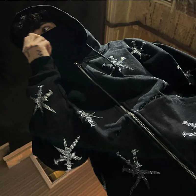 Y2k Fashion Rhinestone Full Zipper Hoodie Skeleton Gothic Sportswear Stretching Sve Black Hoodie Mens Sports Jacket Coat w250425