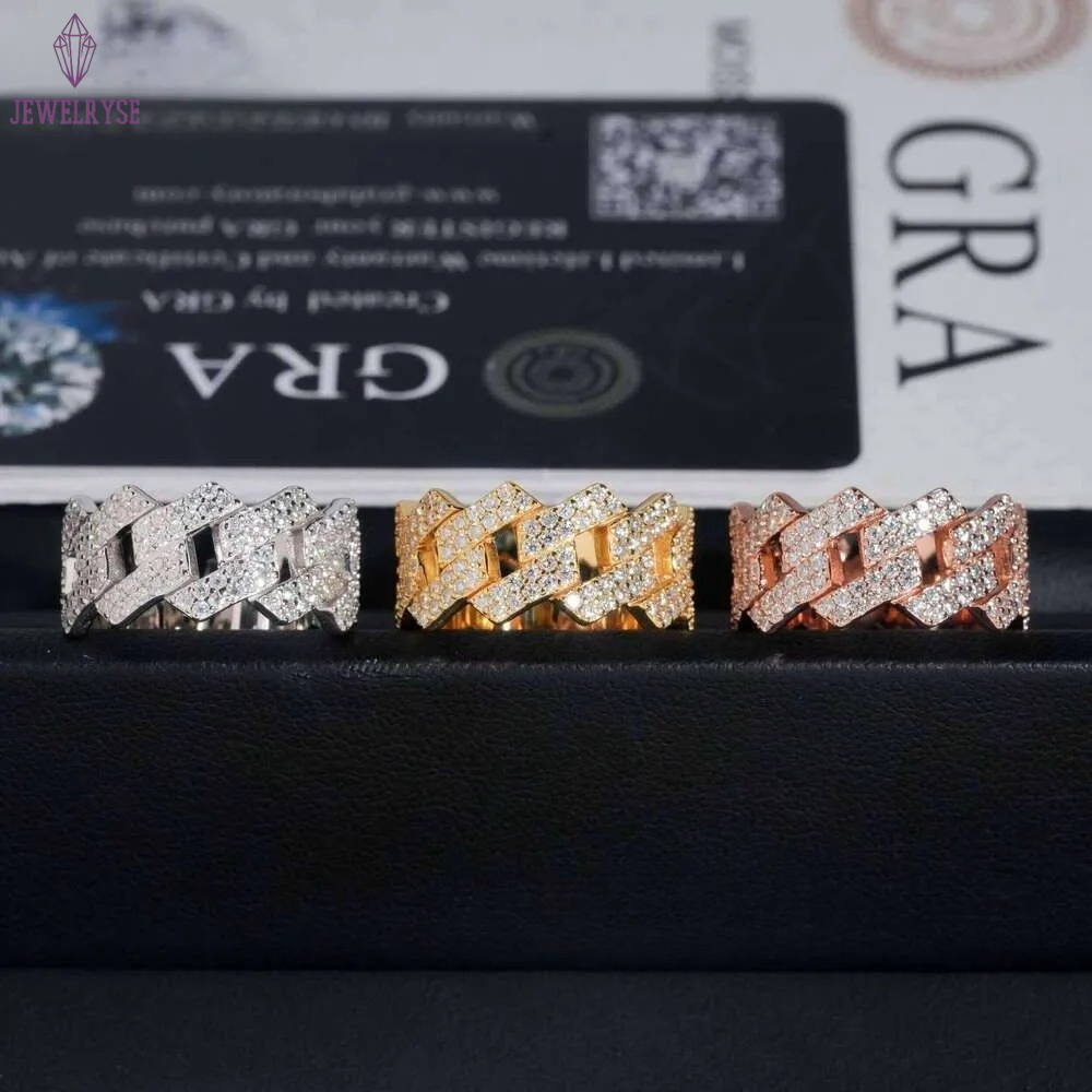 Factory Direct High Quality Hip Hop Two Row Sterling Sier Moissanite Iced Out Cuban Ring