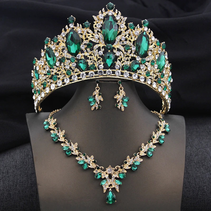Bridal Green Tiaras Set Crystal Crown Bridal Jewelry Sets for Women Prom Wedding Dress necklace earrings Costume Accessories 250417