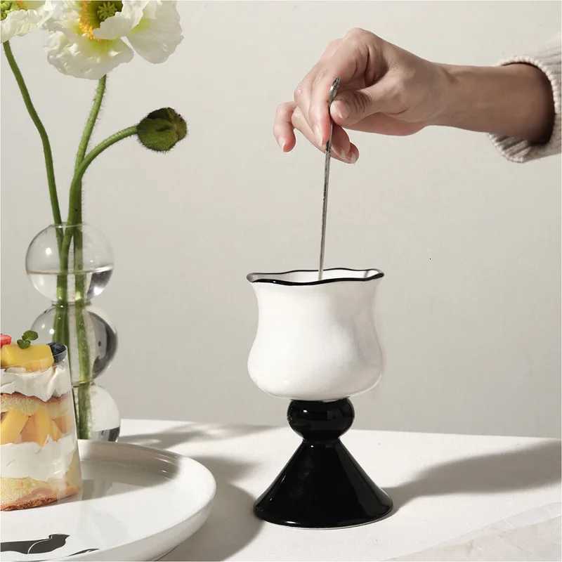 250ml Vintage Ceramic Goblet French INS Style Cocktail Cup Unique Black Stem White Coffee Water Juice Red Wine Glass Cup 1 Piece Y251125