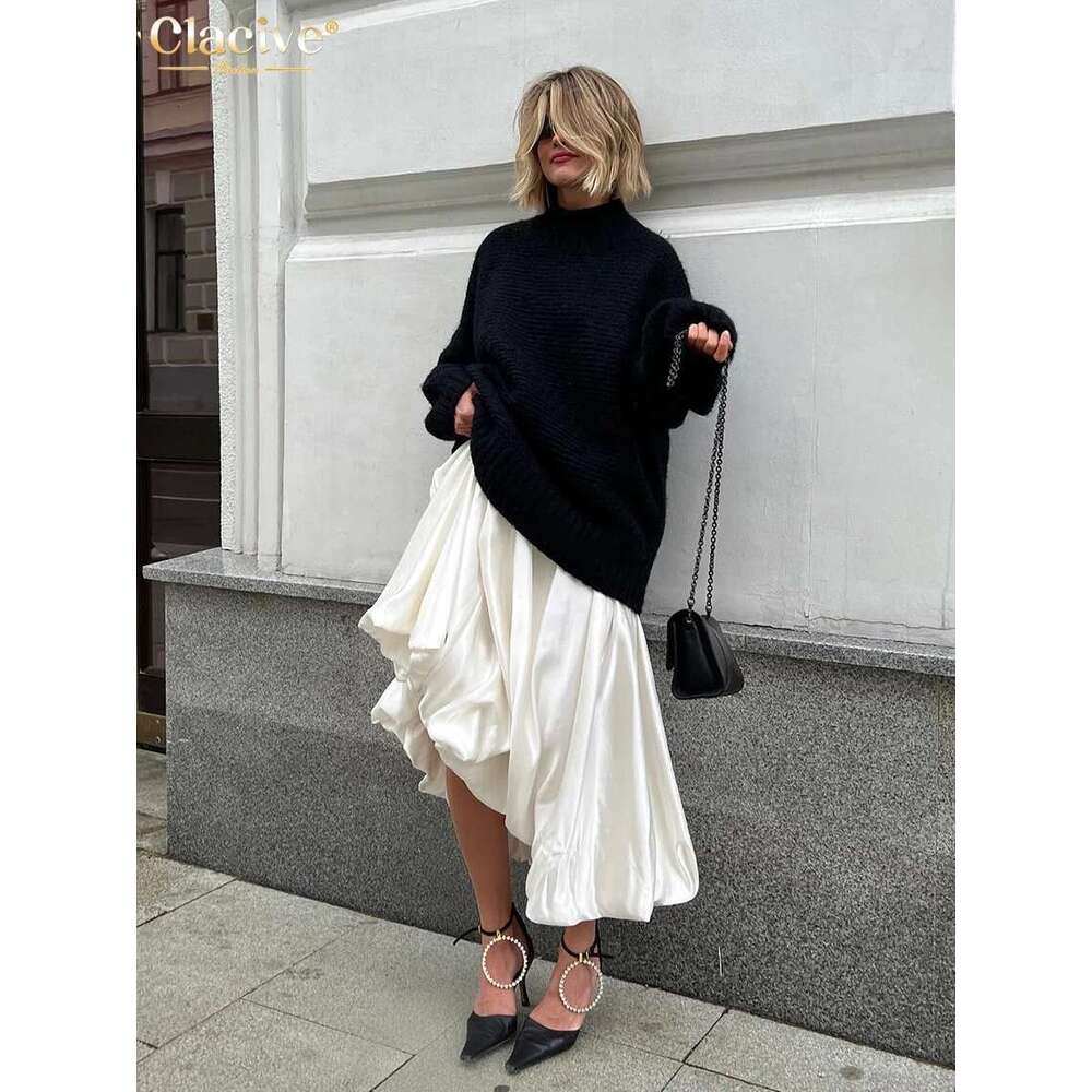 Clacive Fashion Beige Satin Skirts For Women Elegant High Waist Office Lady Ankle-Length Casual Loose Skirt Female Clothes